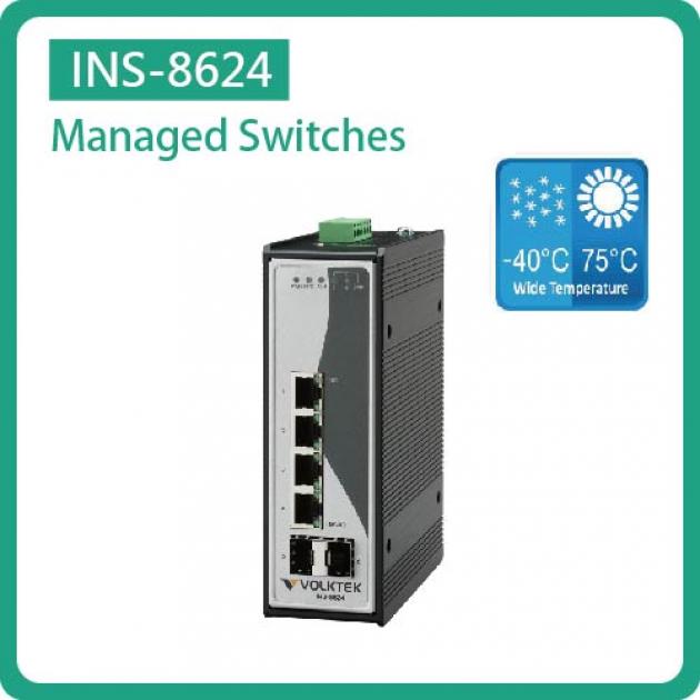 INS-8624 / MANAGED 4 X 10/100/1000 RJ45 & 2 X FX/GBE SFP INDUSTRIAL SWITCH, ALUMINUM 1