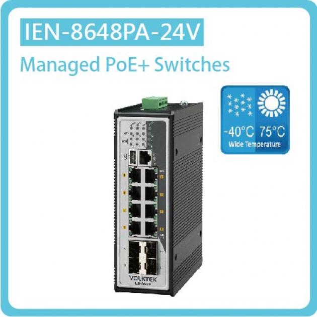 IEN-8648PA-24V / L2+ MANAGED 8 X 10/100/1000 POE+ & 4 X GBE SFP SWITCH, ALUMINUM 1