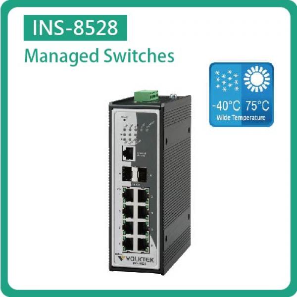 INS-8528 / MANAGED 8 X 10/100 RJ45 & 2 X FX/GBE SFP INDUSTRIAL SWITCH, ALUMINUM